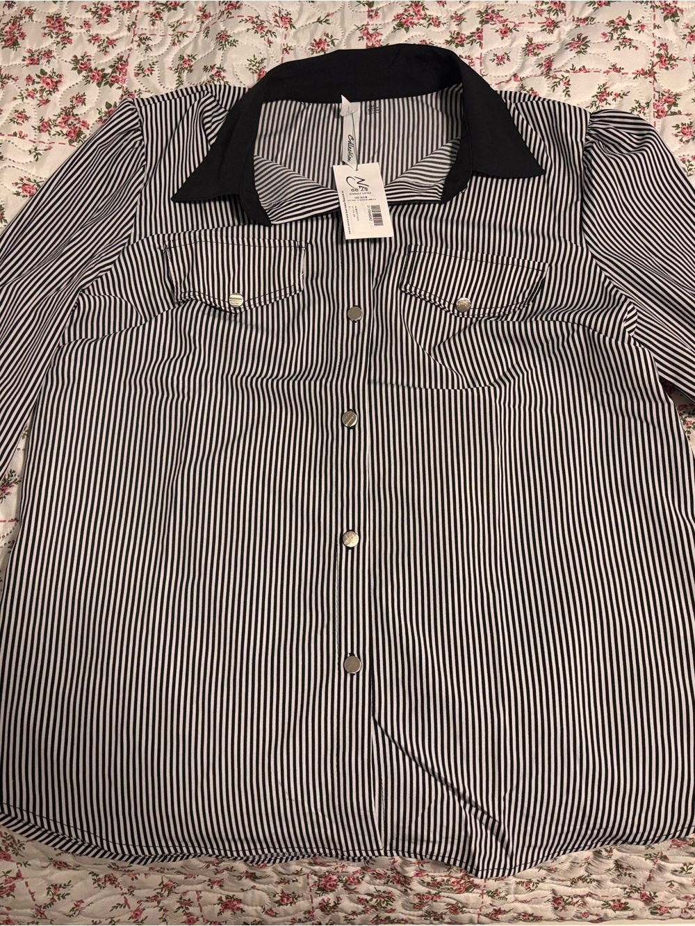 JM Collection Black and White Striped Button-Down Shirt with Contrast Collar
